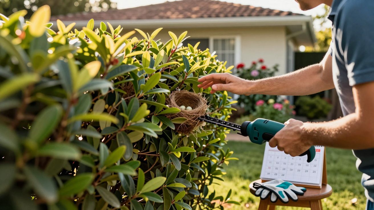 Pessoa usando podador elétrico próximo a ninho com ovos em arbusto, evitando danos às aves.