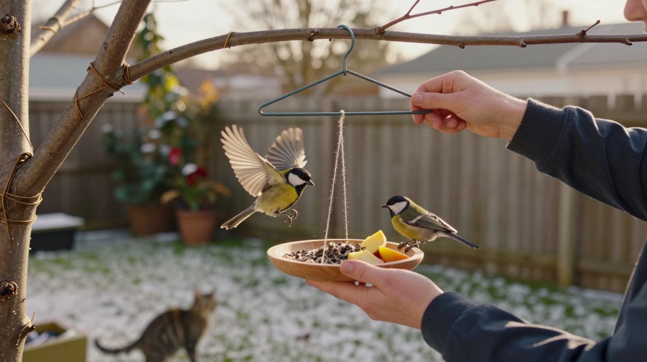 Pessoa alimenta dois passarinhos em prato suspenso em galho de árvore no quintal com gato ao fundo.