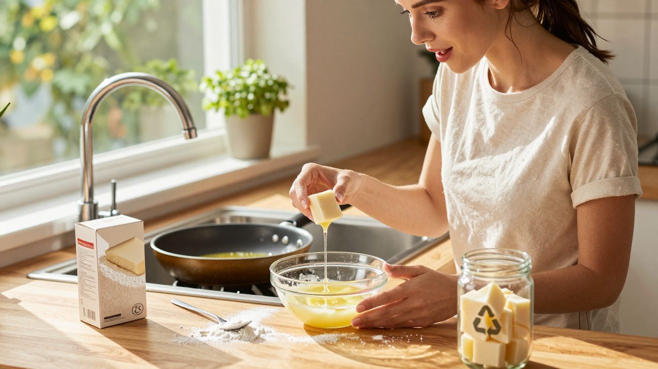 Mulher derramando manteiga derretida em tigela de vidro na cozinha iluminada pela luz natural.