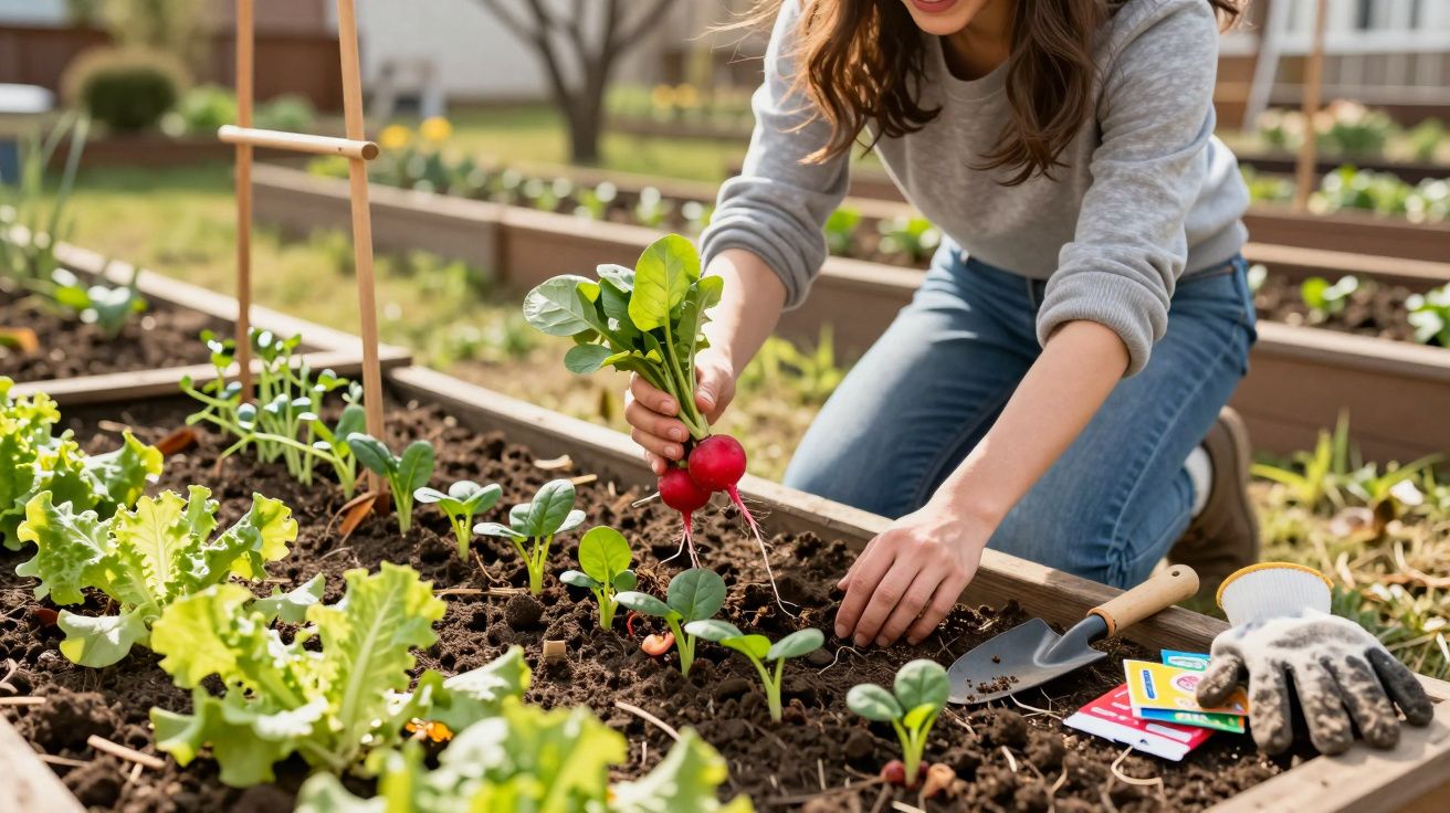 Pessoa colhendo rabanetes em canteiro de horta ao ar livre, com luvas e ferramentas ao lado.