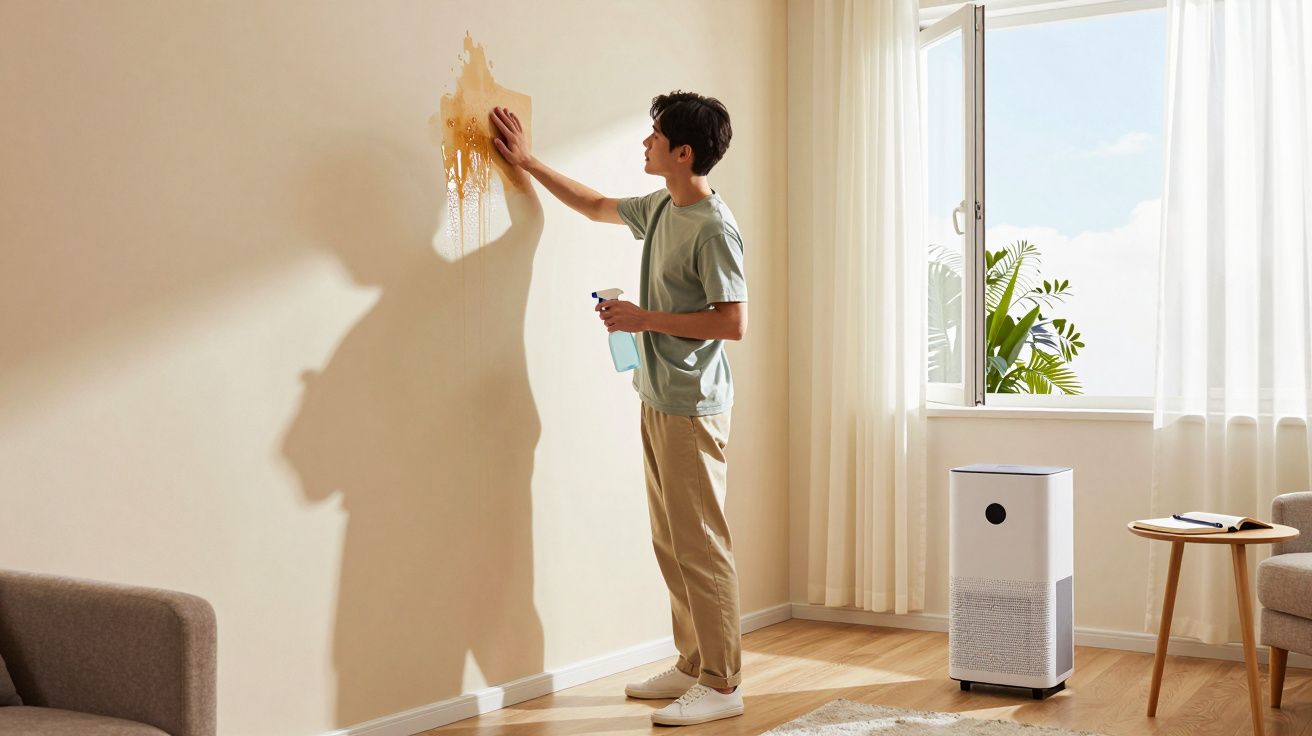 Homem limpando mancha na parede clara em sala iluminada com ar-condicionado portátil e janela aberta.
