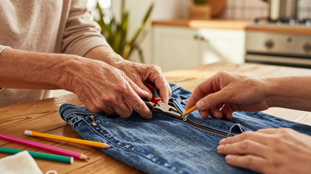 Duas pessoas consertando o zíper de uma calça jeans sobre uma mesa de madeira.