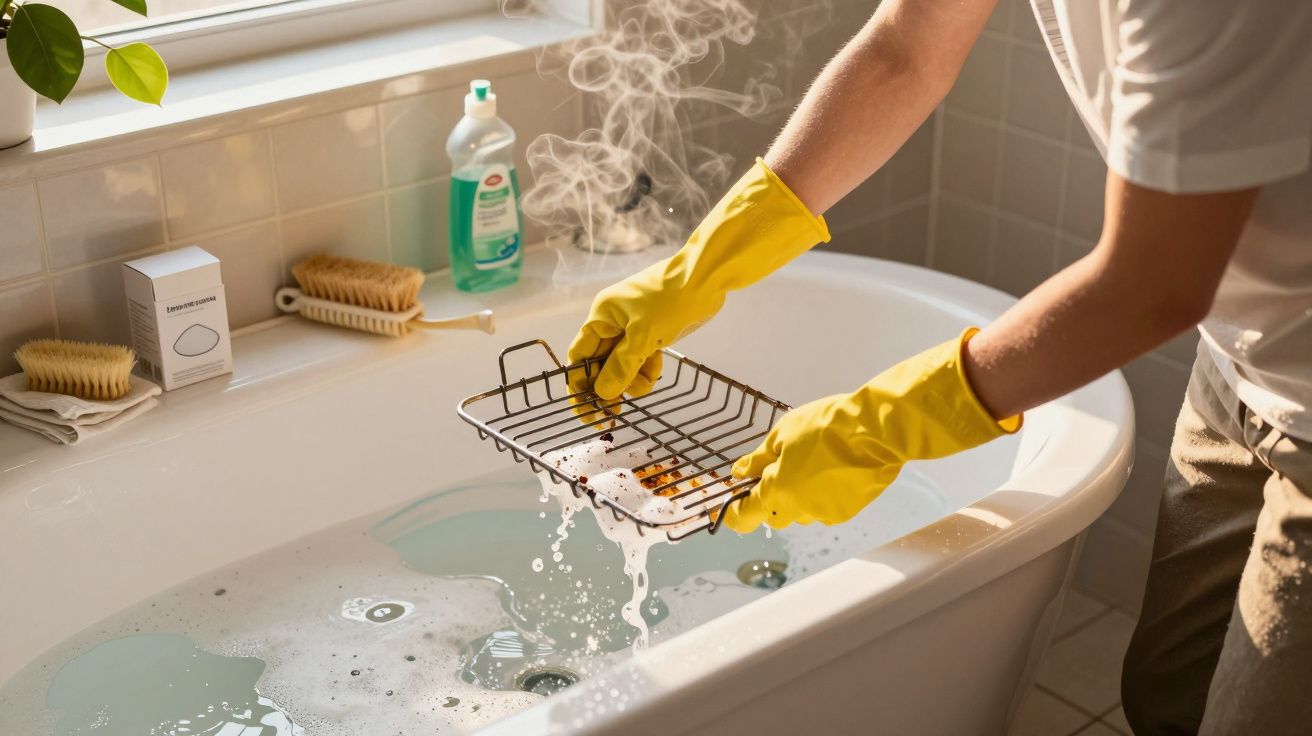 Pessoa com luvas amarelas lava grade metálica sobre banheira com água e espuma.