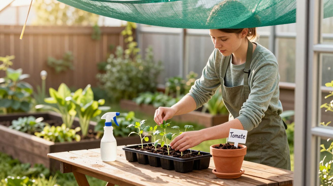 Mulher cuidando de mudas de tomate em jardim coberto por tela de sombreamento.