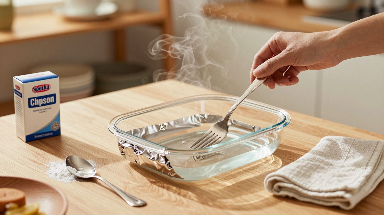 Mão mexendo água quente com garfo em refratário, ao lado de bicarbonato de sódio e colher com pó branco.