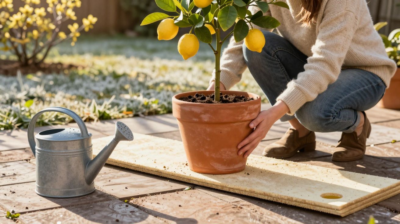 Pessoa ajoelhada ajustando vaso com limoeiro em jardim ao ar livre, regador de metal ao lado.