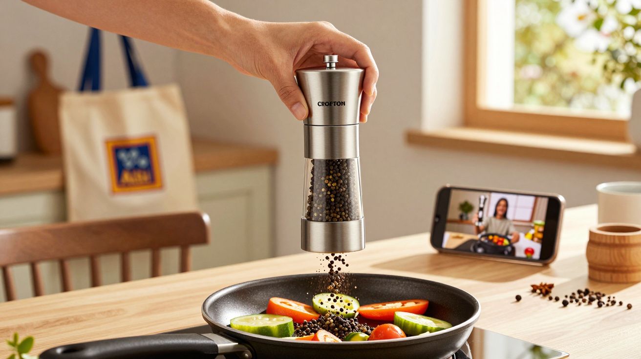 Mão moendo pimenta em frigideira com legumes, celular com vídeo de receita ao fundo em cozinha iluminada.