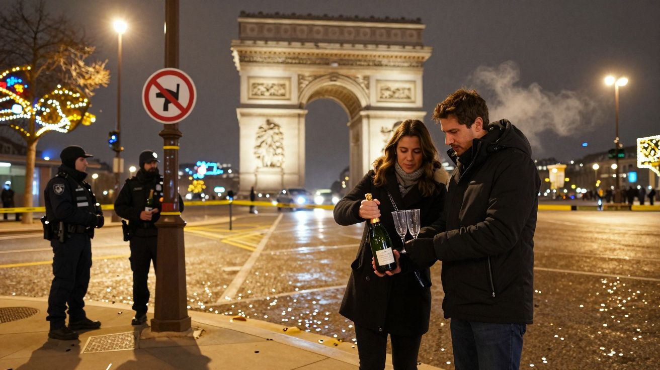 Casal abre champanhe à noite próximo ao Arco do Triunfo, com policiais e luzes de Natal ao fundo.