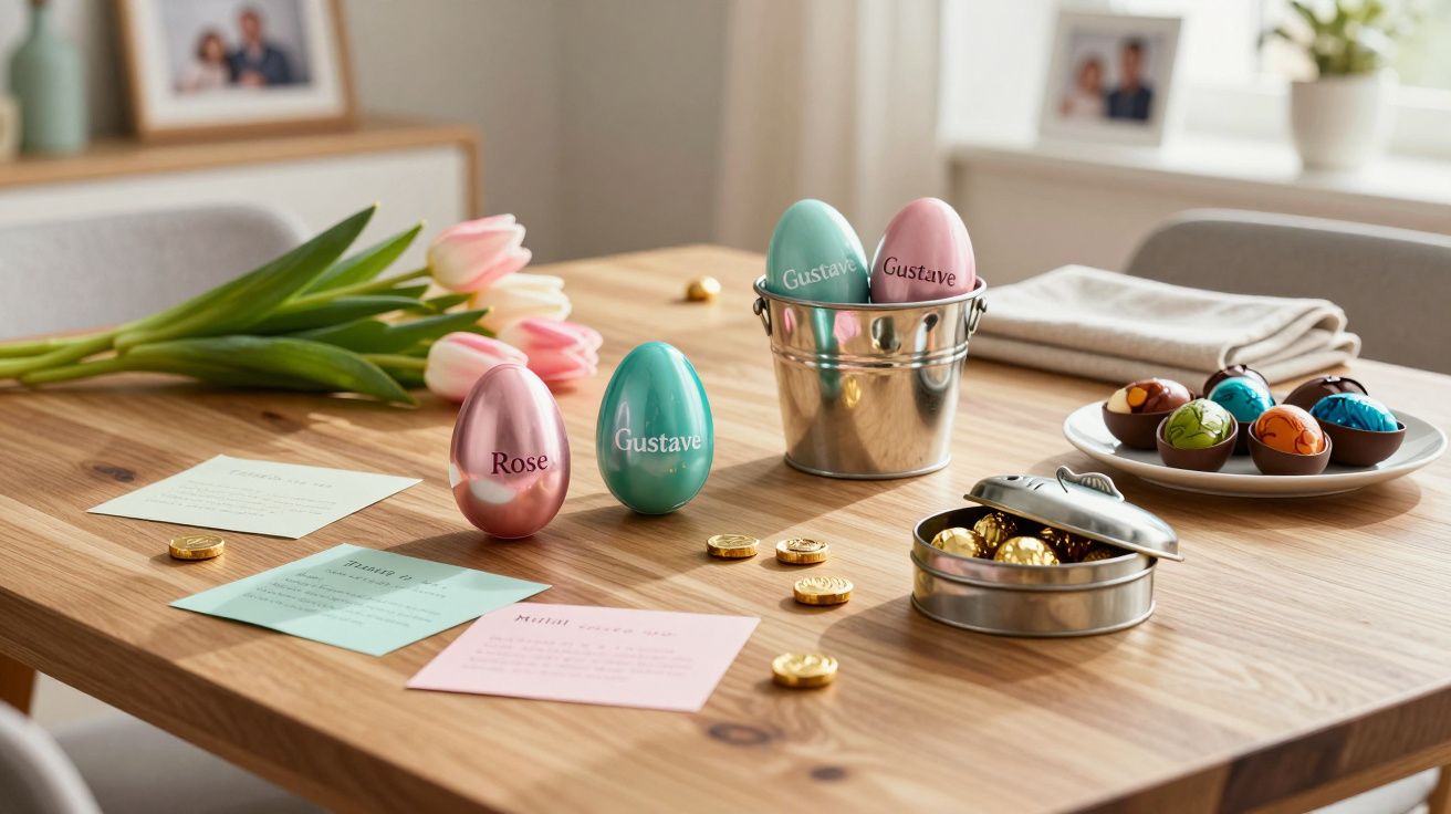 Ovos de Páscoa coloridos com nomes, moedas de chocolate, tulipas e cartões sobre mesa de madeira.