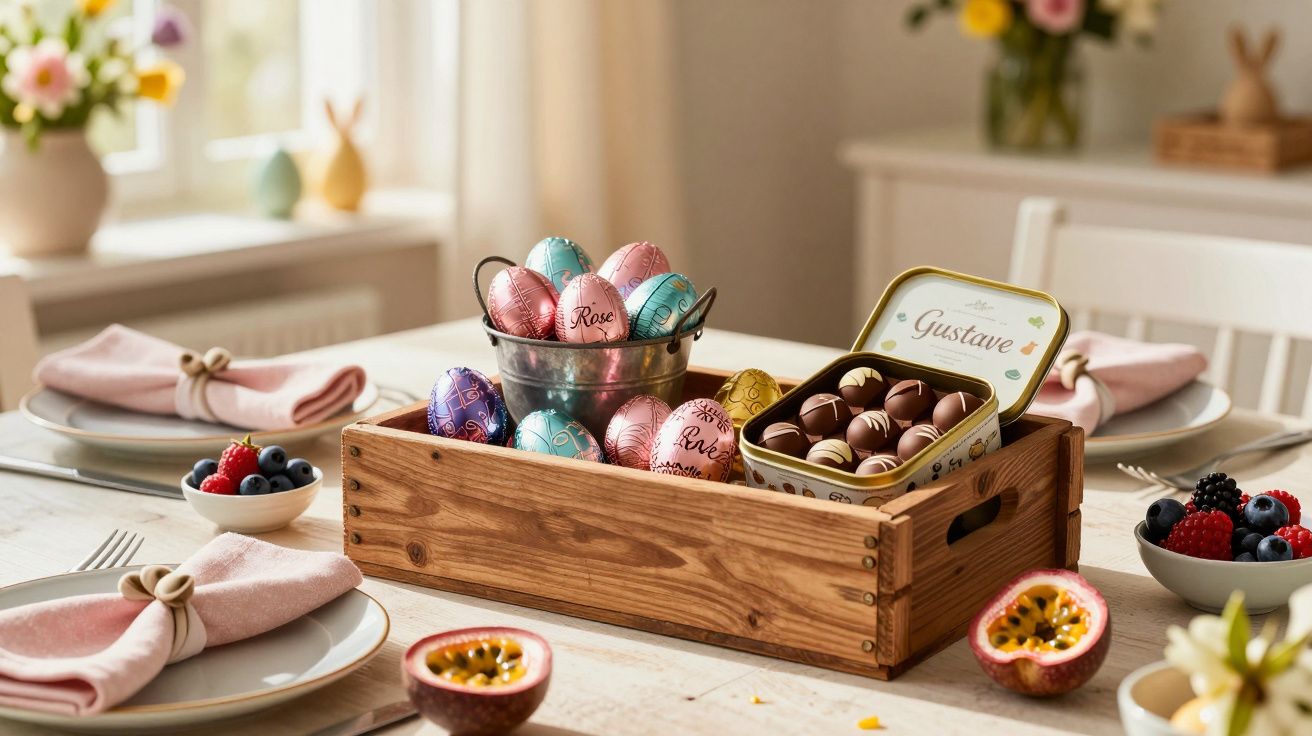 Mesa posta com ovos de Páscoa coloridos, bombons, frutas vermelhas e toalhas de tecido rosa.