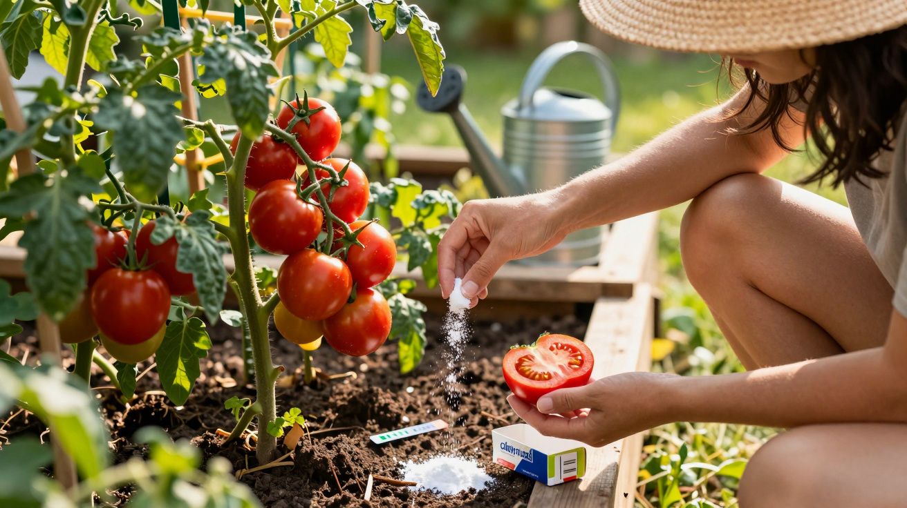 Pessoa aplicando sal em tomate fresco colhido em horta caseira com regador ao fundo.