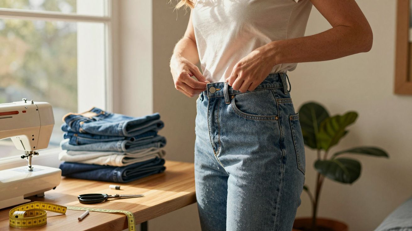 Pessoa ajustando calça jeans azul clara próxima a mesa com máquina de costura e tecidos dobrados.