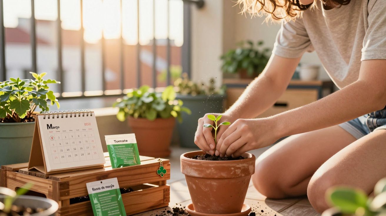 Pessoa plantando muda em vaso de cerâmica em ambiente interno com várias plantas ao redor e calendário de março.