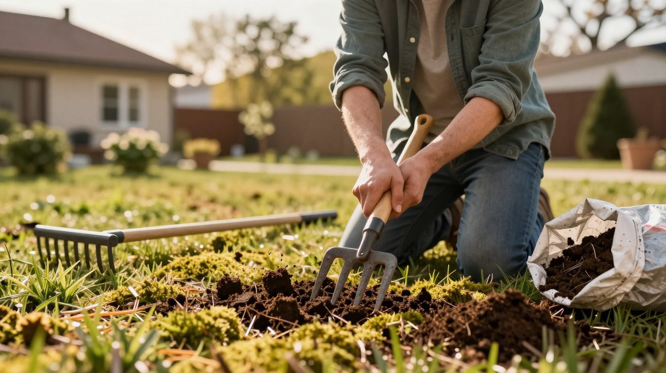 Pessoa ajoelhada mexendo na terra com garfo de jardim em área gramada com saco de terra ao lado.
