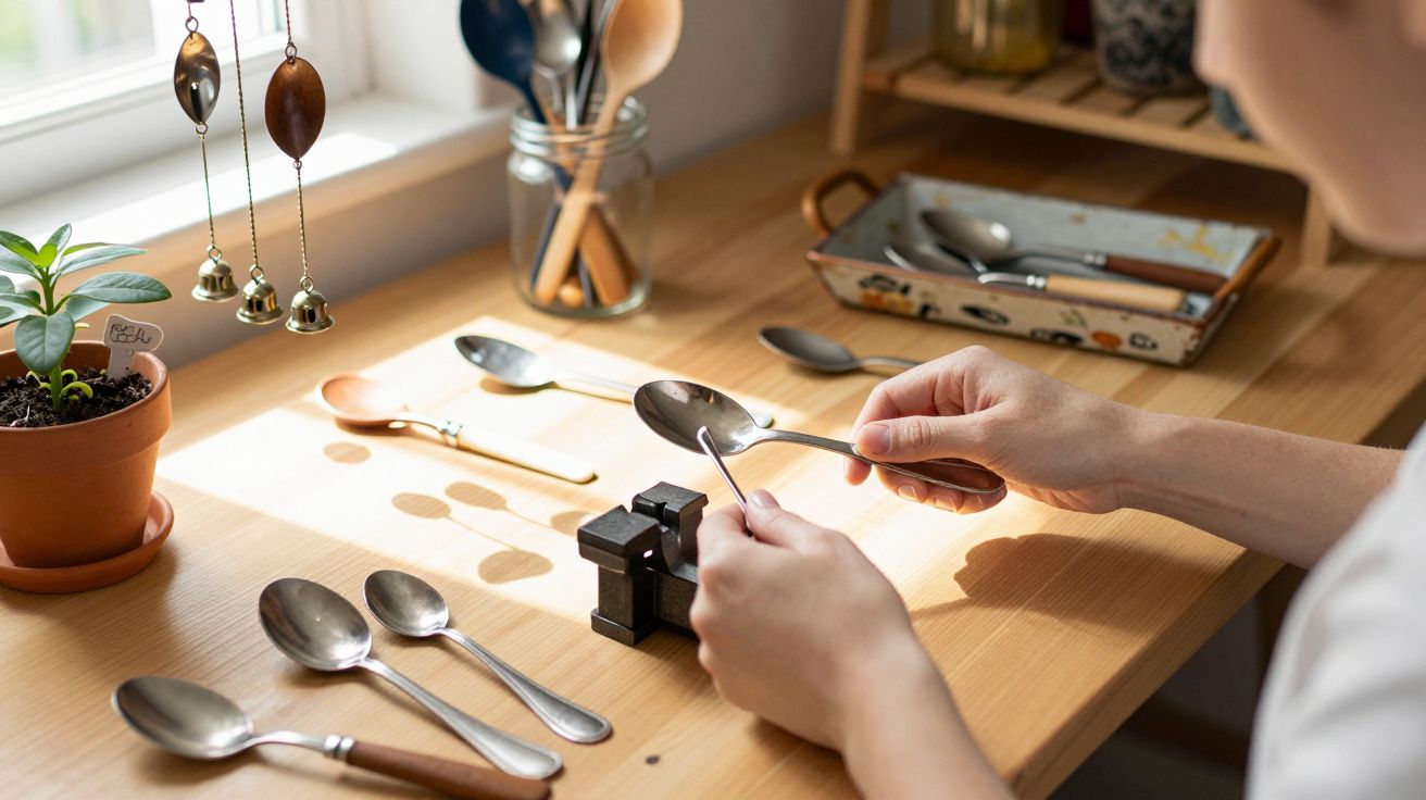 Pessoa usando colher e ferramenta para criar sons em ambiente iluminado sobre mesa de madeira.