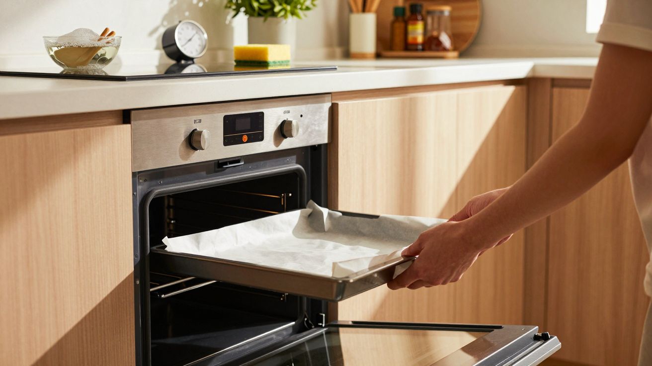 Pessoa colocando assadeira forrada com papel manteiga em forno embutido em cozinha moderna.