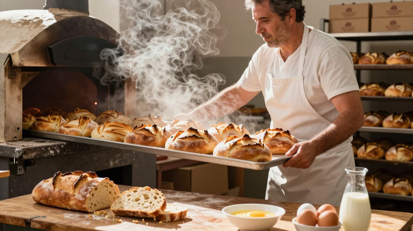 Homem tirando pão quente de forno a lenha em padaria com ansiedade e ingredientes na mesa.