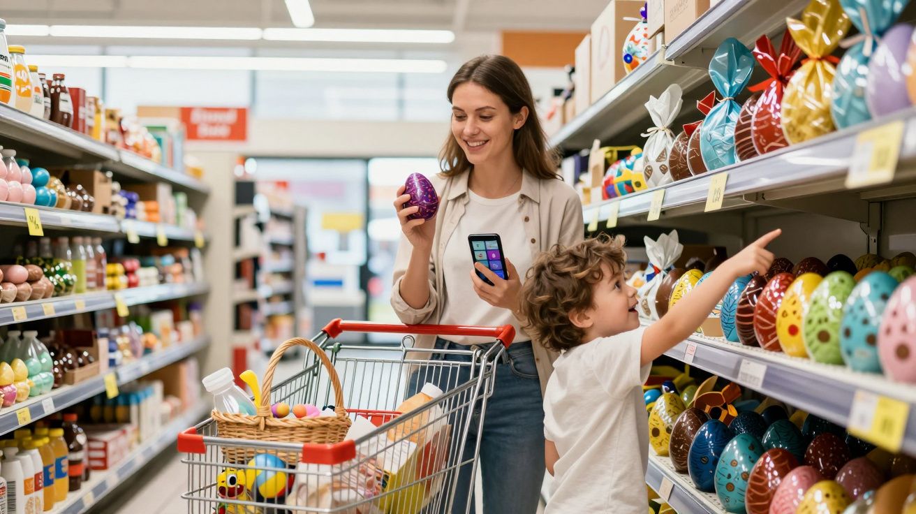 Mulher e criança escolhem ovos de Páscoa coloridos em supermercado com carrinho cheio.