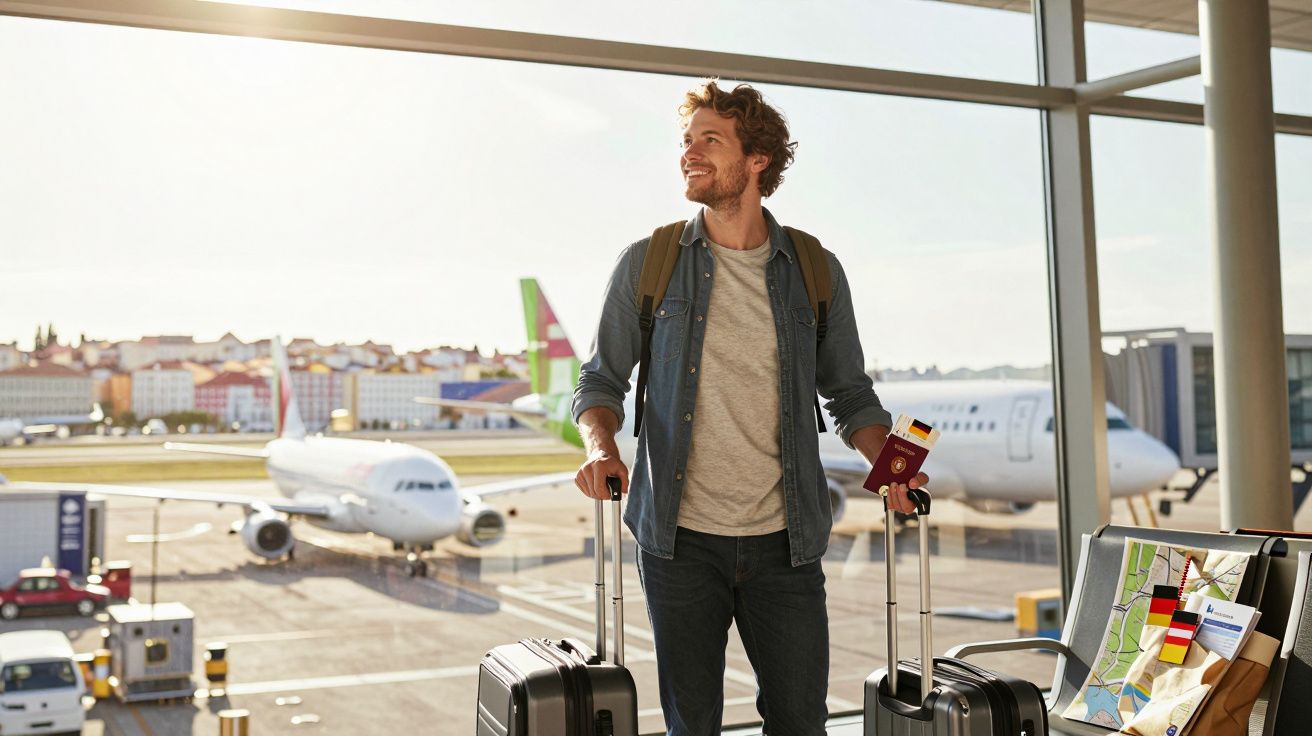 Homem sorridente no aeroporto com duas malas, mochila, passaporte e cartão de embarque em mãos.