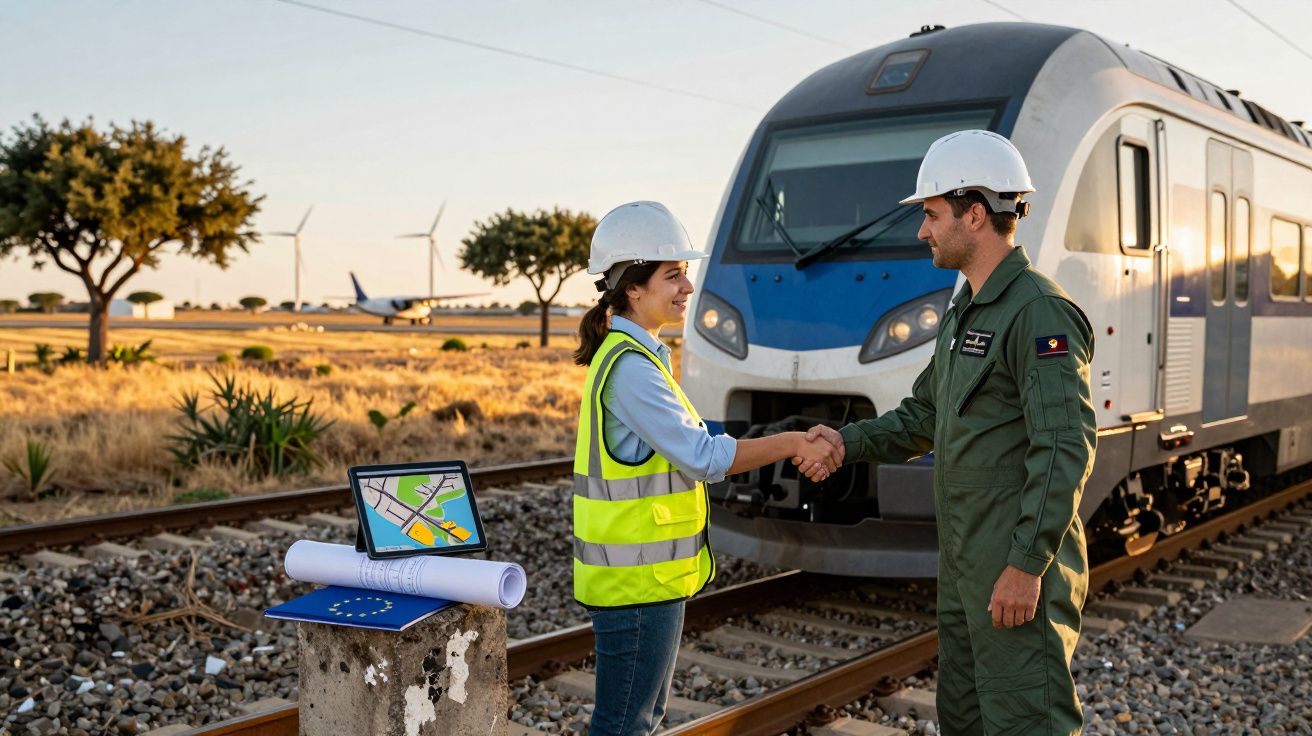 Dois profissionais com capacete apertam as mãos ao lado de um trem em trilhos, com mapa e plantas ao lado.