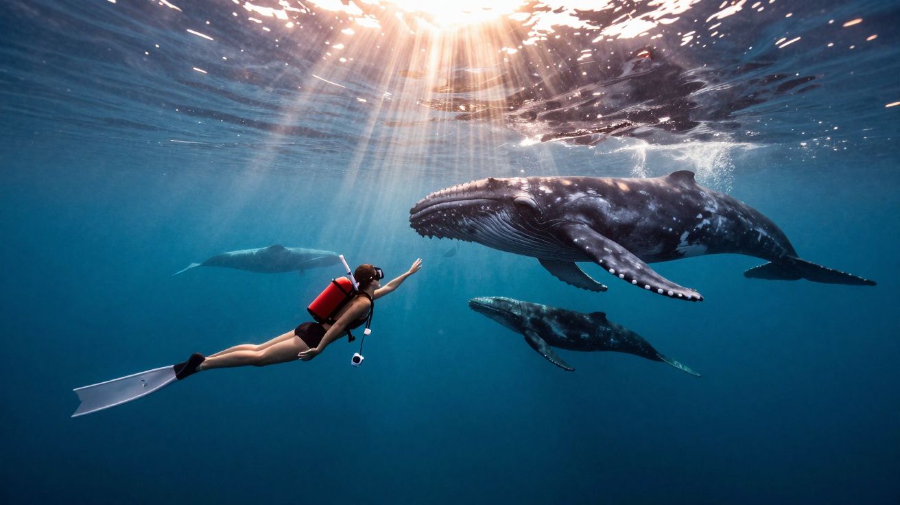 Mergulhador interagindo com três baleias-jubarte sob luz solar atravessando a água azul do oceano.