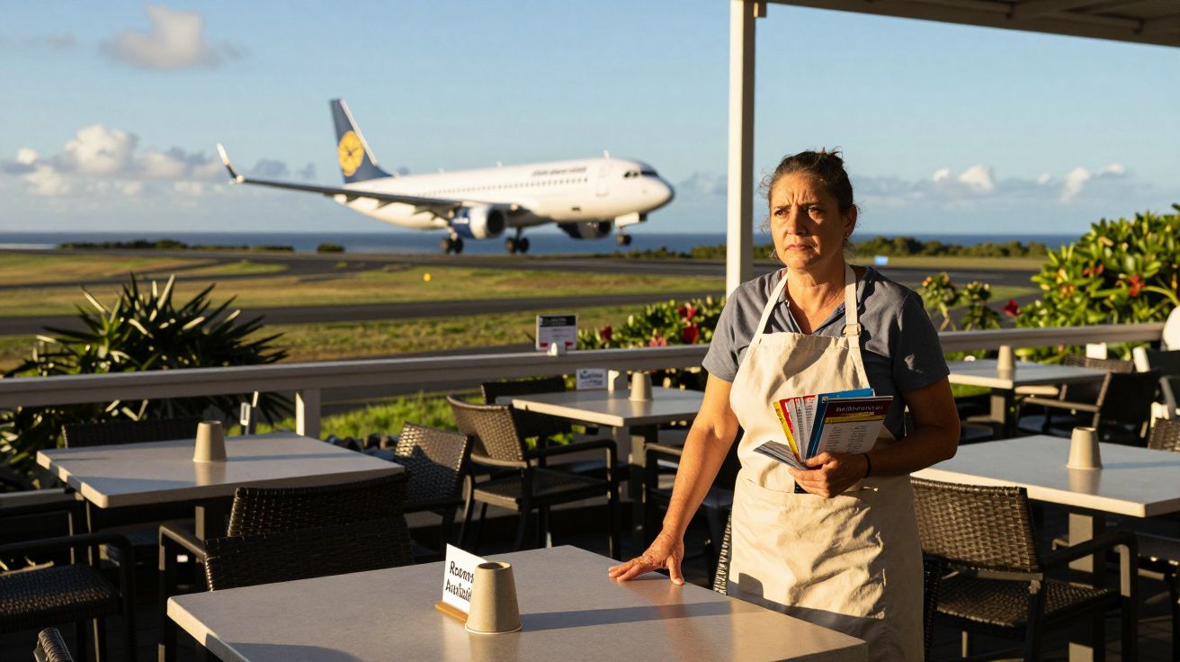 Mulher com avental em restaurante ao ar livre com avião pousando ao fundo em pista próxima.