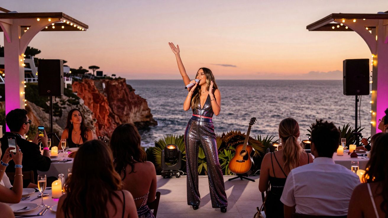 Cantora se apresenta ao pôr do sol em palco à beira-mar, com público sentado em mesas iluminadas por velas.