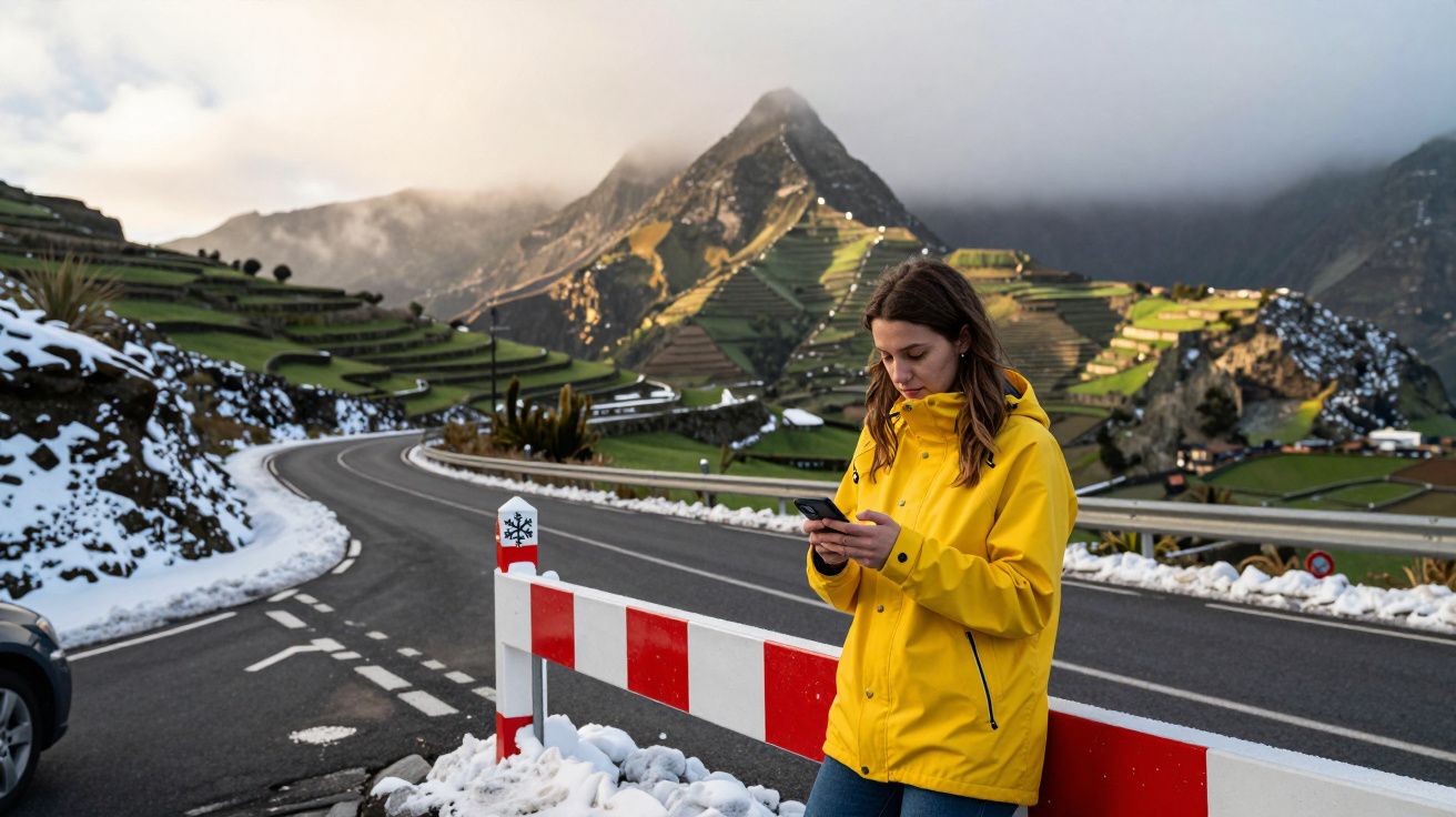 Mulher com jaqueta amarela usando celular perto de estrada com neve e montanhas ao fundo.