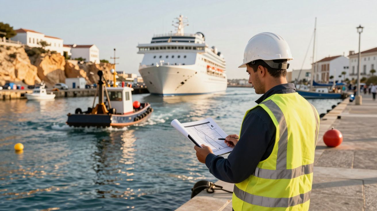 Homem com colete e capacete de segurança verifica documentos em porto com navios ao fundo.