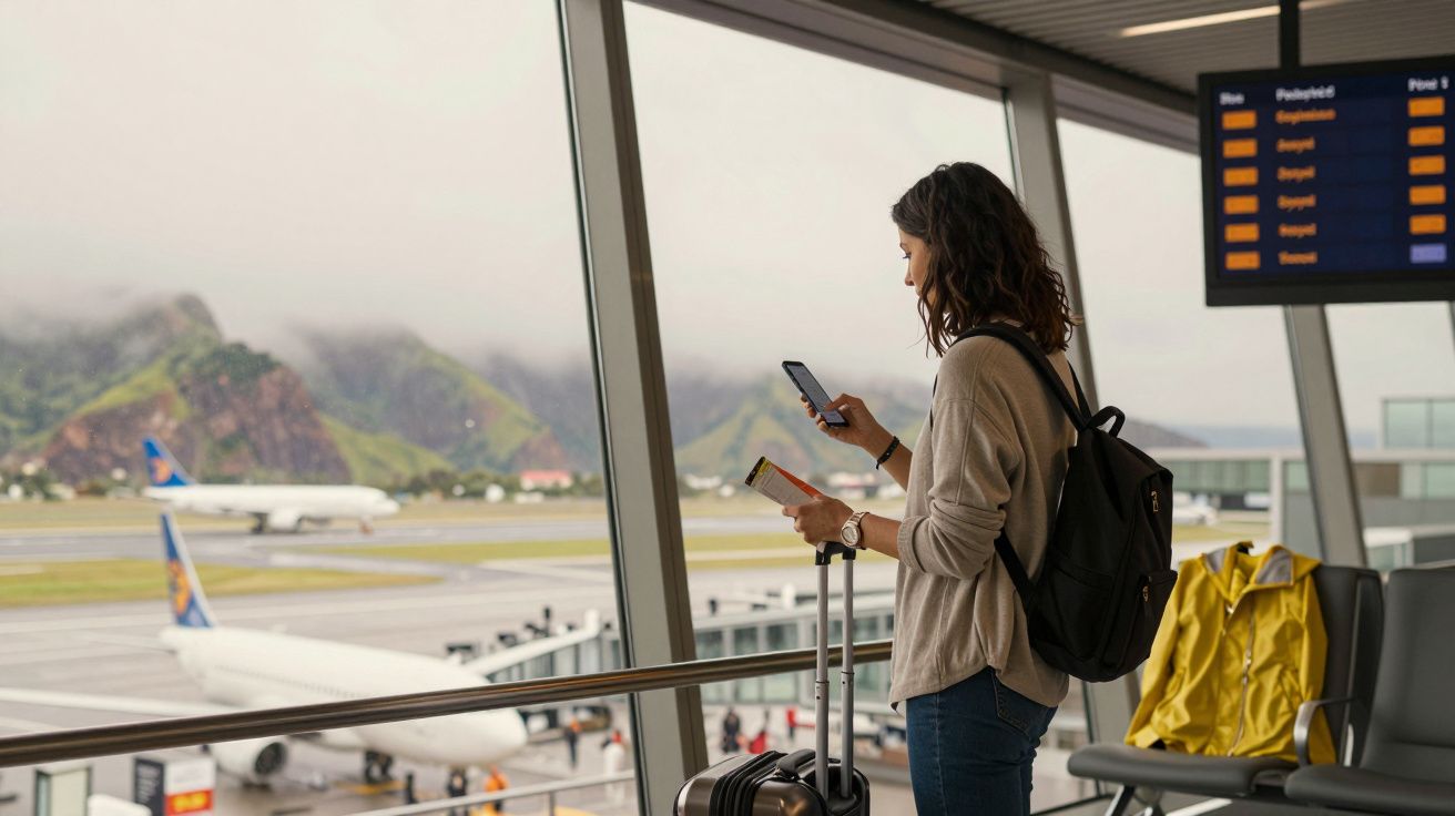 Mulher em aeroporto olhando celular, com mala e mochila, aviões e montanhas ao fundo em dia nublado.