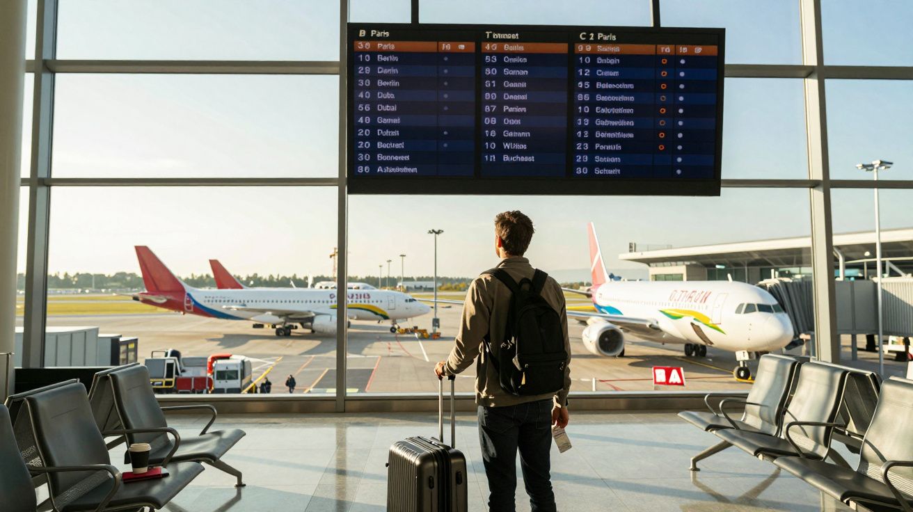 Homem com mochila e mala observa painel de voos em área de embarque com aviões no aeroporto.