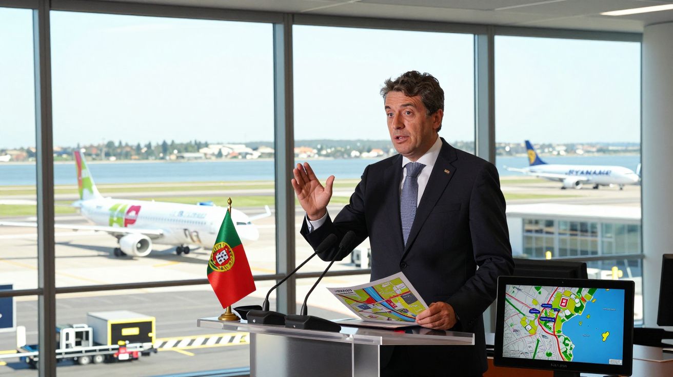 Homem falando em púlpito com bandeira de Portugal, com avião e pista ao fundo em aeroporto.