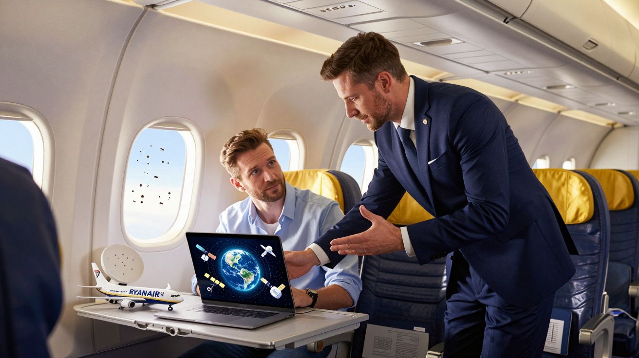 Homem de terno conversa com passageiro usando laptop com imagem do planeta Terra dentro de avião Ryanair.