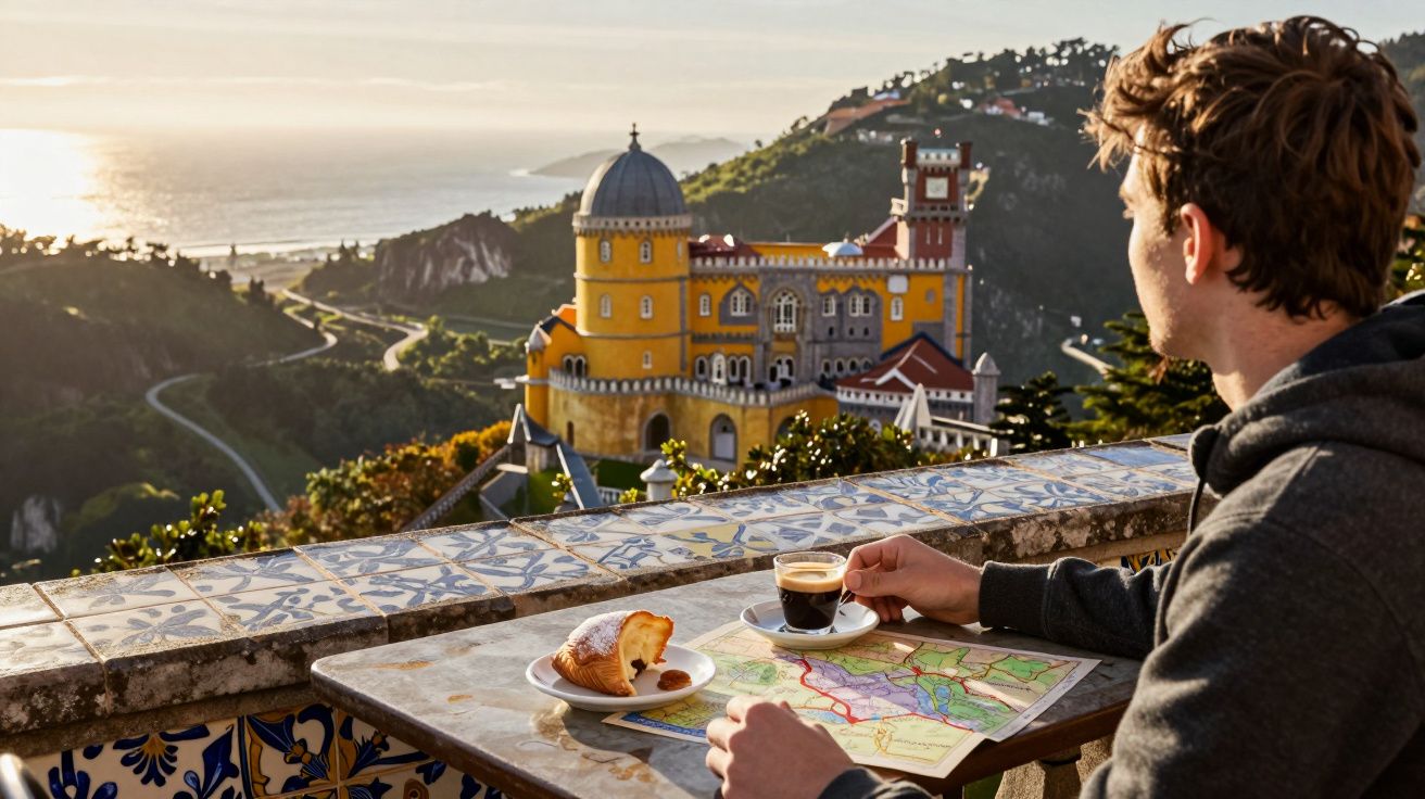 Homem tomando café da manhã com croissant e mapa, admirando o Palácio da Pena ao pôr do sol.