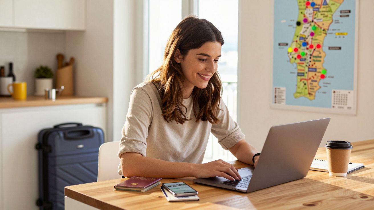 Mulher sorridente usando laptop em mesa com passaporte, celular e café, mapa na parede ao fundo.