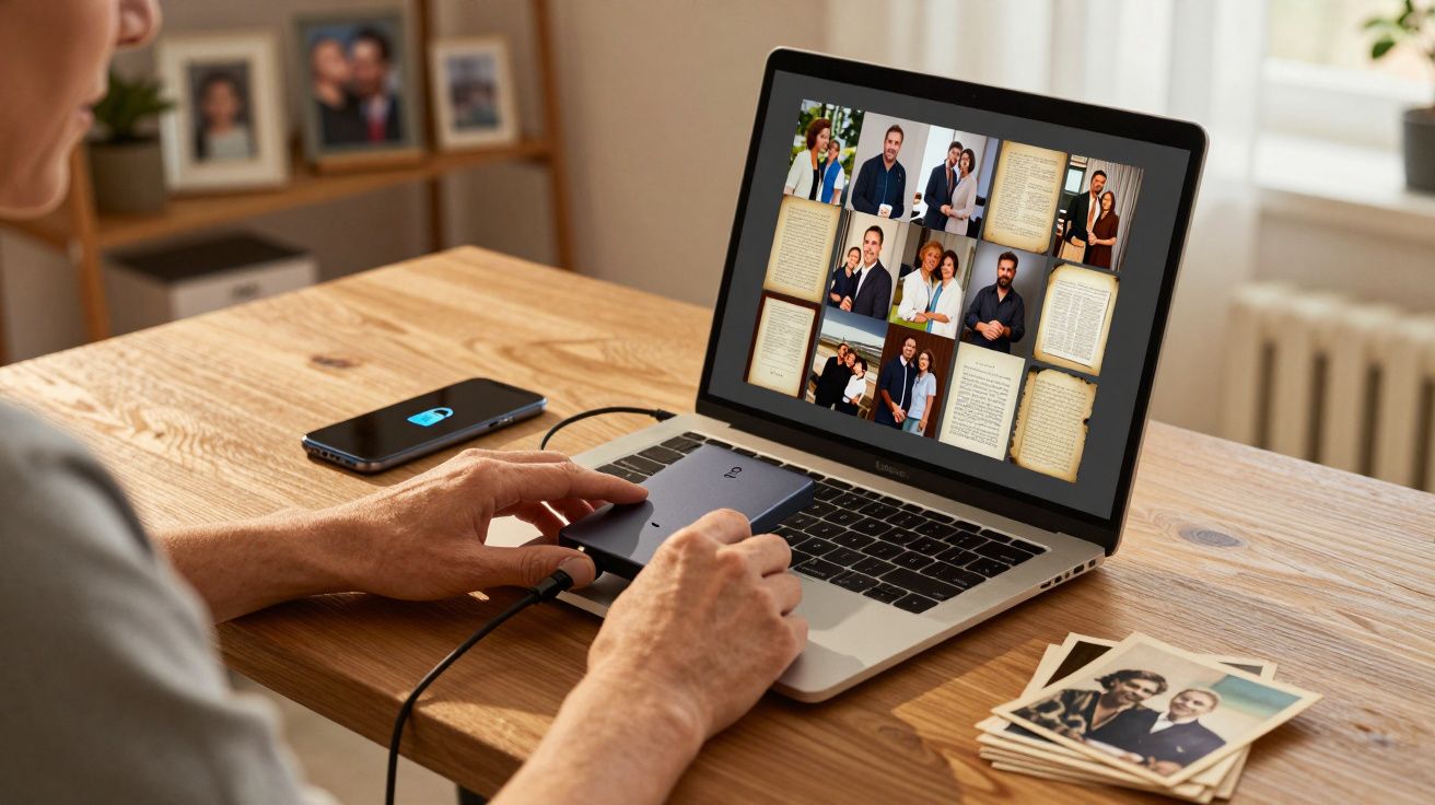 Pessoa conectando HD externo em laptop para organizar fotos e documentos em mesa de madeira.
