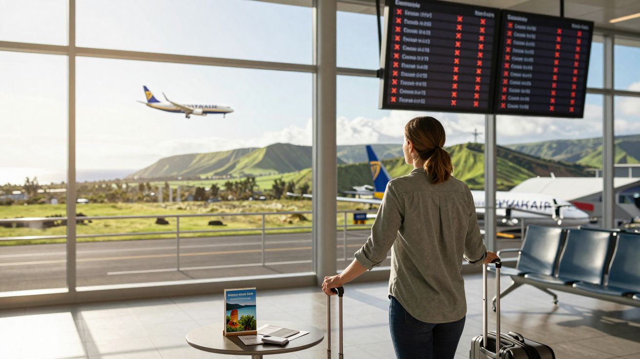 Mulher com mala observa avião pousando e painel de voos em área de embarque no aeroporto.