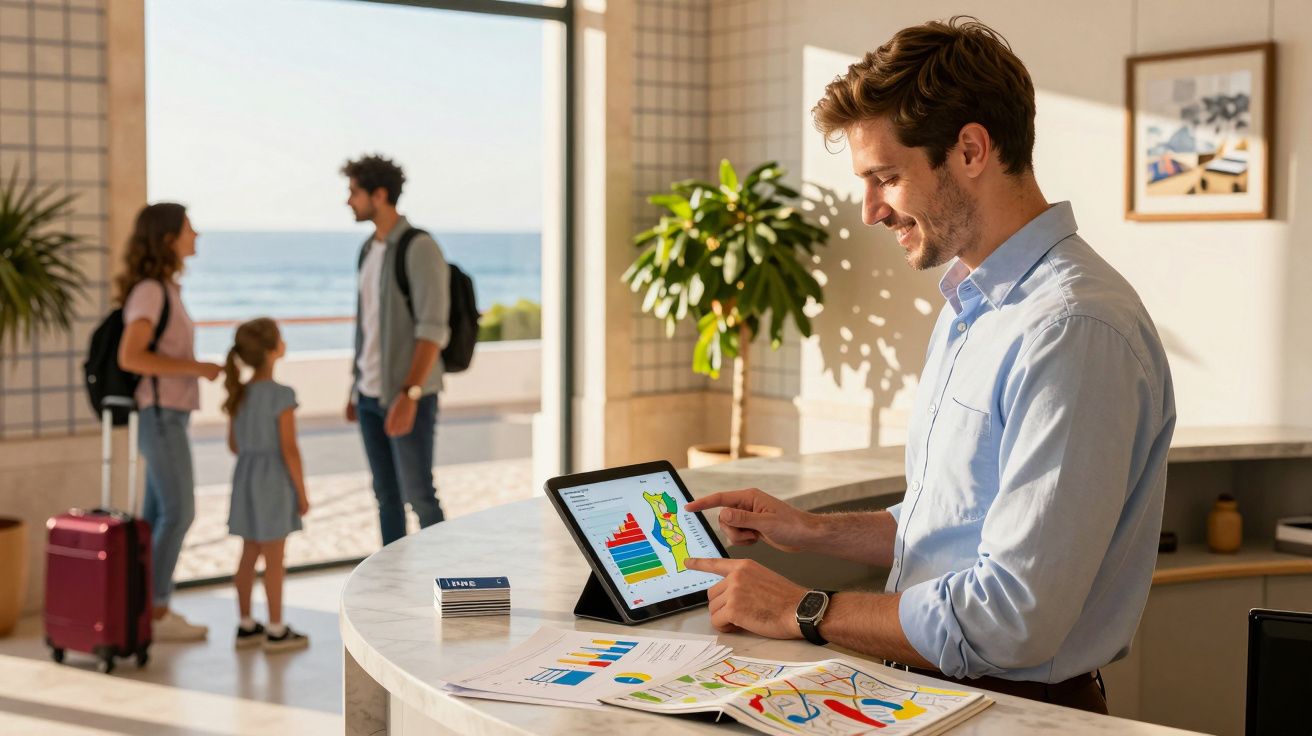 Recepcionista homem usando tablet com gráficos enquanto família com malas conversa ao fundo em recepção iluminada.