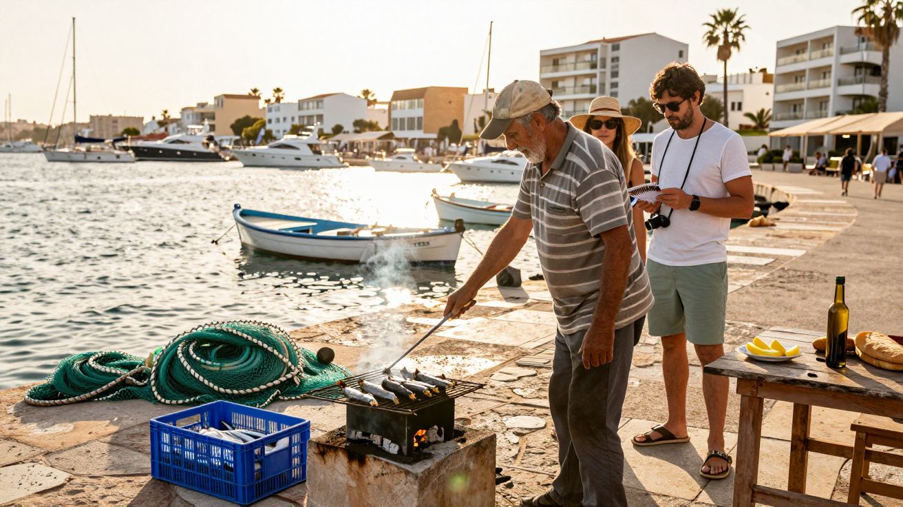 Homem idoso grelhando peixes na praia enquanto casal observa com barcos e prédios ao fundo.
