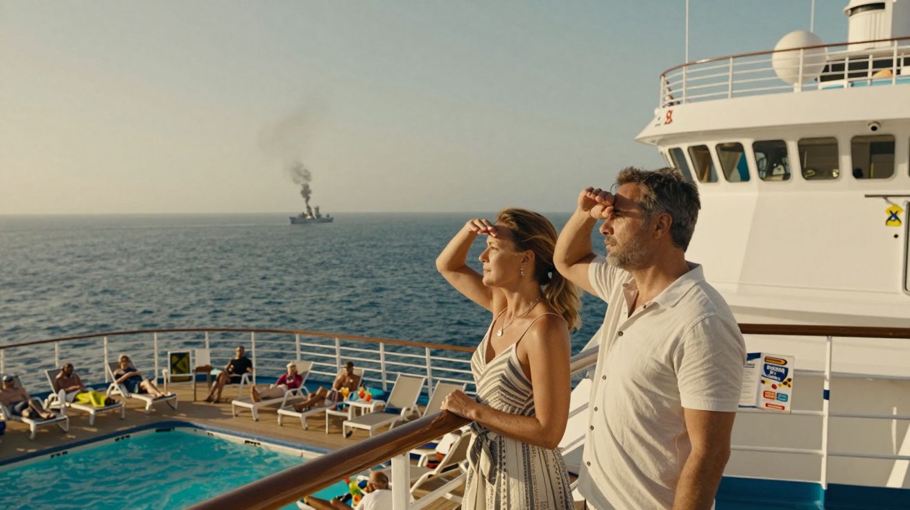 Casal observa o mar da varanda de um navio de cruzeiro com piscina cheia ao fundo e outro navio distante.