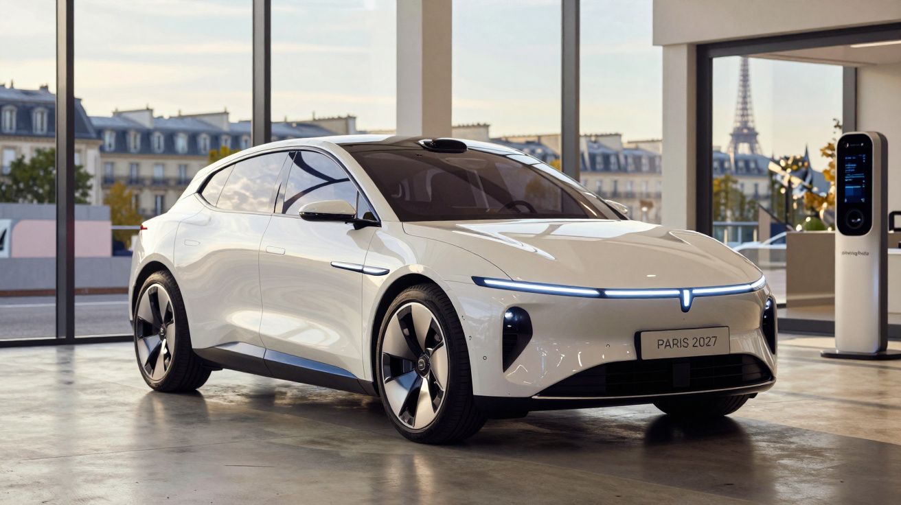 Carro elétrico branco moderno estacionado em showroom com a Torre Eiffel ao fundo, placa Paris 2027.