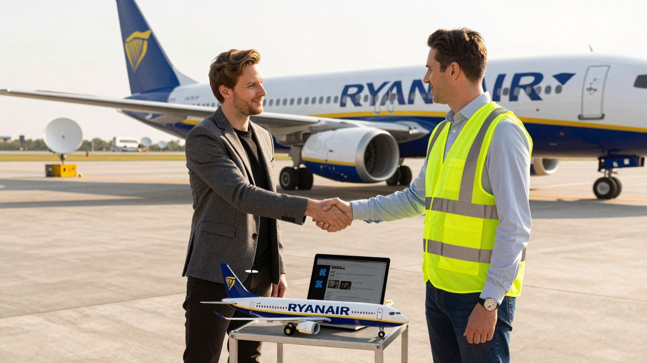 Homens apertando as mãos em pista de aeroporto com avião Ryanair e modelo em miniatura na mesa.