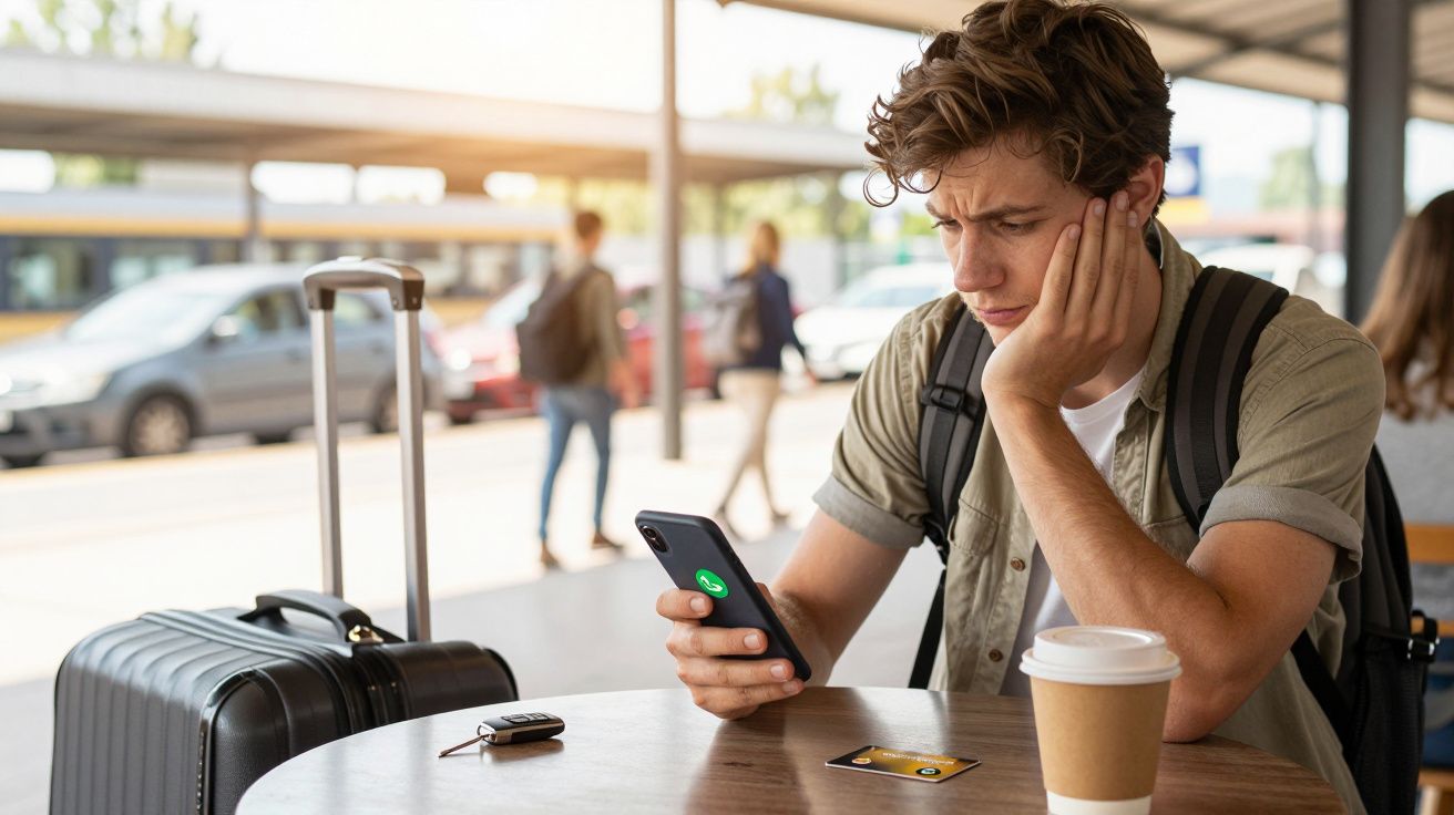 Homem sentado em cafeteria com mala e celular na mão, aparência preocupada.