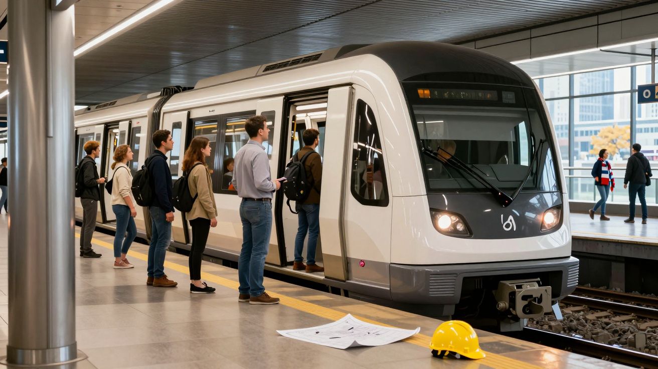 Passageiros aguardam para entrar em trem moderno na plataforma de estação de metrô urbana.