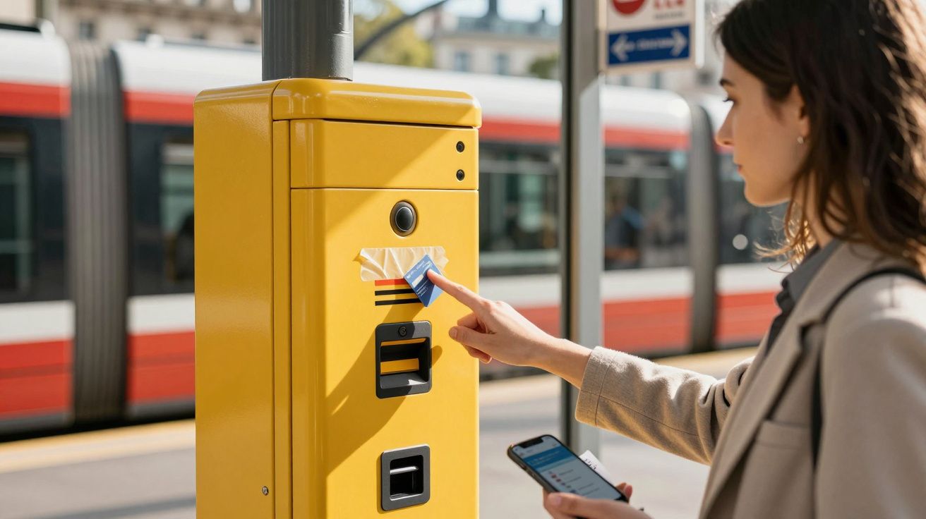 Mulher usa cartão de transporte para liberar catraca amarela em estação de trem, segurando celular na mão esquerda.