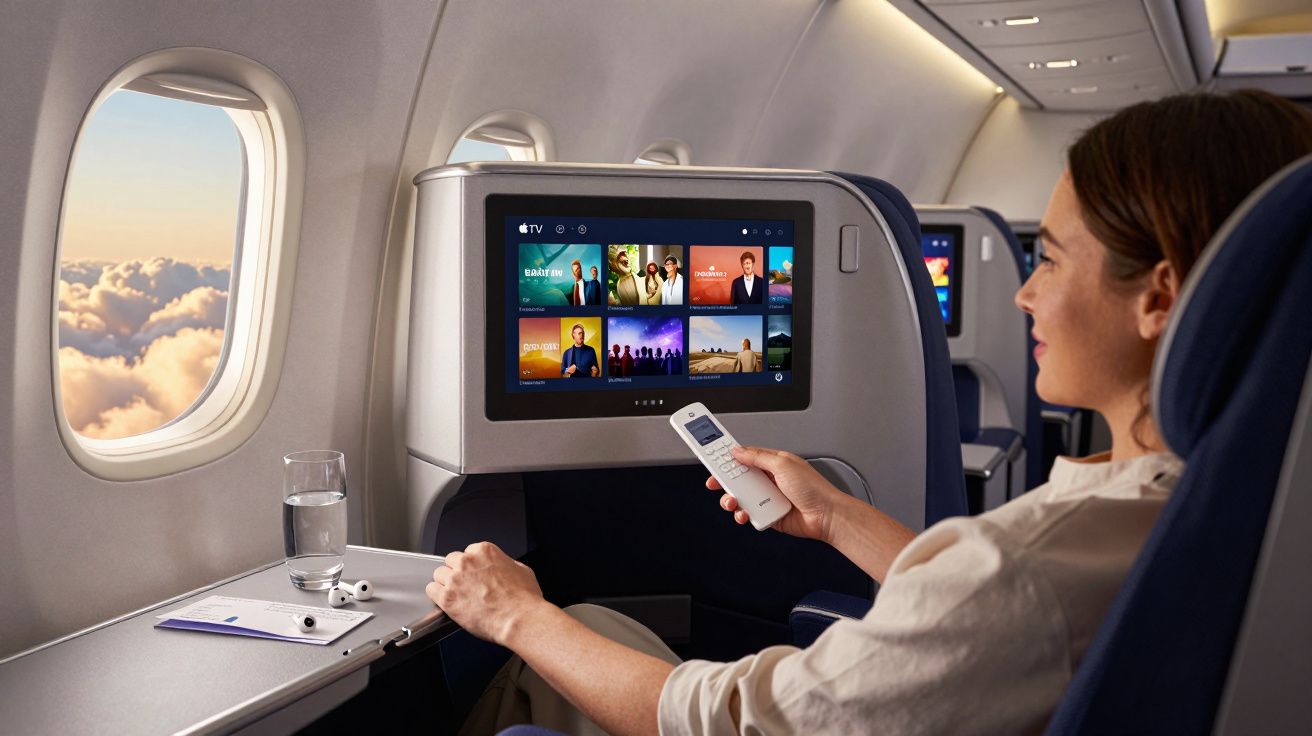 Passageira em poltrona de avião assistindo entretenimento em tela com controle remoto na mão.