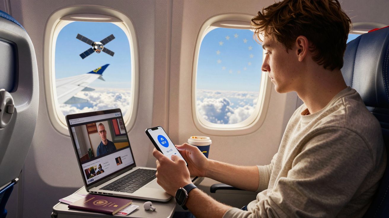 Jovem usando laptop e celular em assento de avião com vista para nuvens e satélite fora da janela.