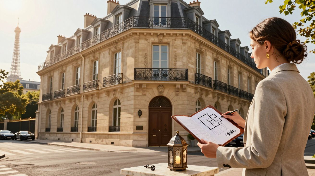Mulher com croqui de planta baixa em frente a prédio clássico em esquina de rua com Torre Eiffel ao fundo.
