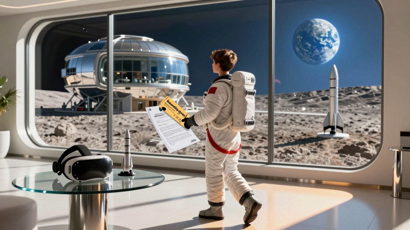 Astronauta dentro de habitação lunar futurista segurando documento, com base e Terra ao fundo.