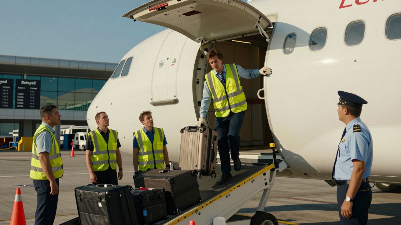 Equipe com coletes refletivos descarregando malas do avião em aeroporto durante o dia.